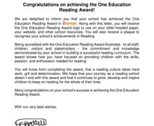 One Education Reading Award Bannerman Rd BRONZE