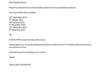 Prospective parent tour dates and booking info